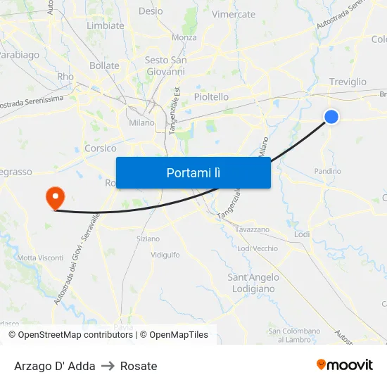 Arzago D' Adda to Rosate map