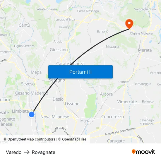 Varedo to Rovagnate map