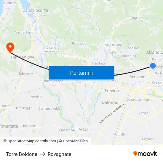 Torre Boldone to Rovagnate map