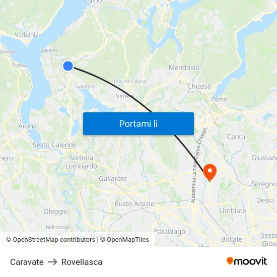 Caravate to Rovellasca map