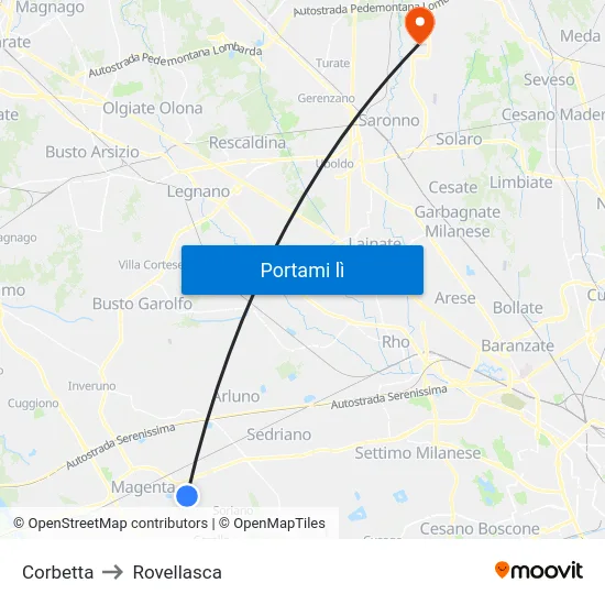 Corbetta to Rovellasca map