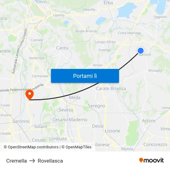 Cremella to Rovellasca map