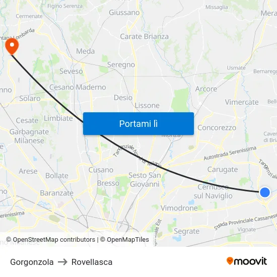 Gorgonzola to Rovellasca map