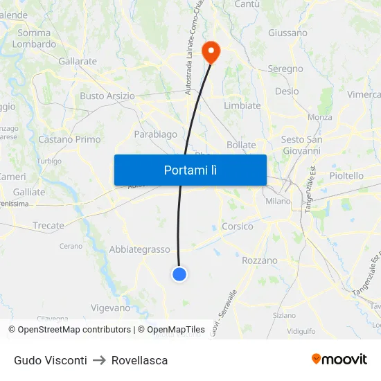 Gudo Visconti to Rovellasca map