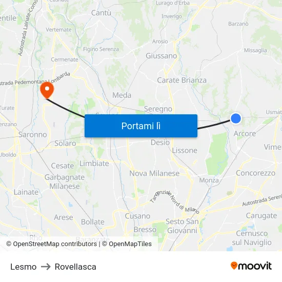 Lesmo to Rovellasca map