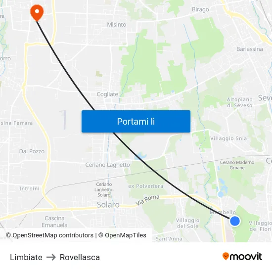 Limbiate to Rovellasca map
