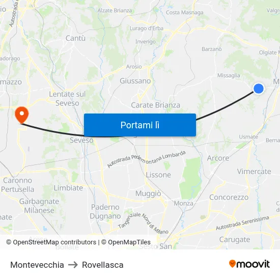 Montevecchia to Rovellasca map