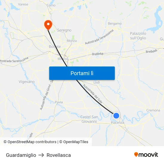 Guardamiglio to Rovellasca map