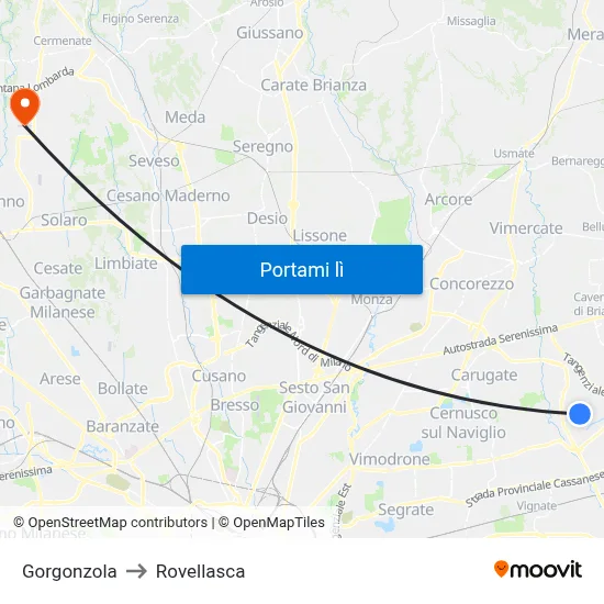 Gorgonzola to Rovellasca map