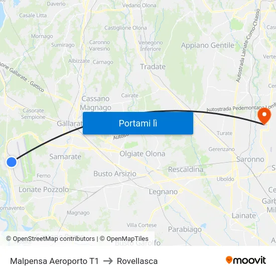 Malpensa Aeroporto T1 to Rovellasca map