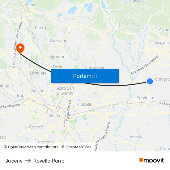 Arcene to Rovello Porro map