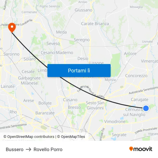 Bussero to Rovello Porro map