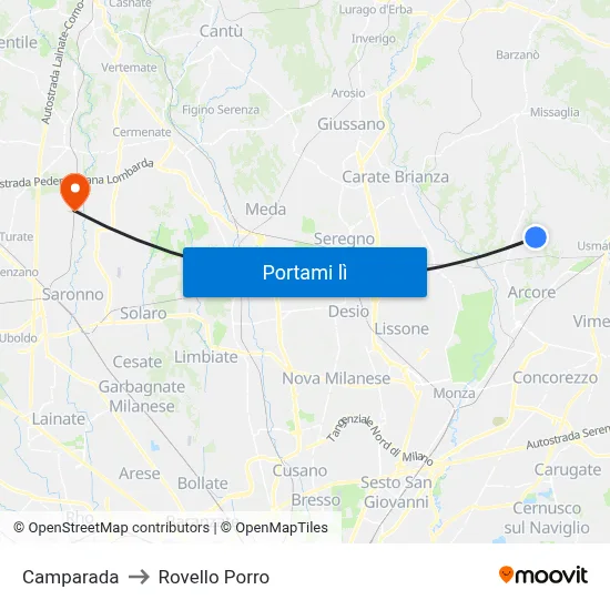 Camparada to Rovello Porro map
