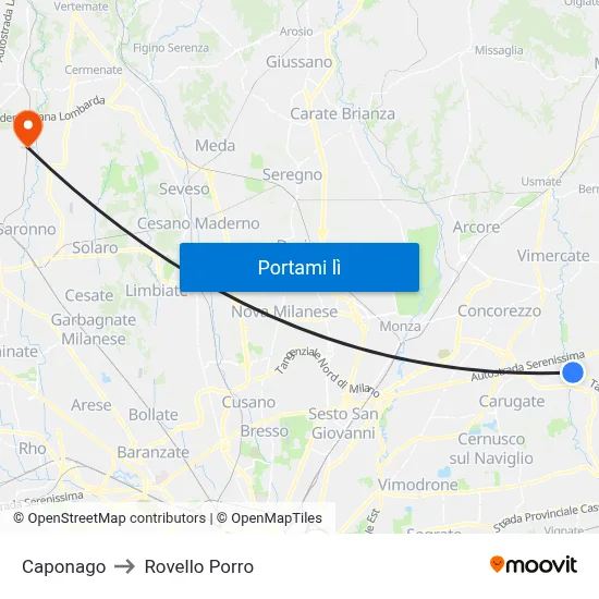 Caponago to Rovello Porro map