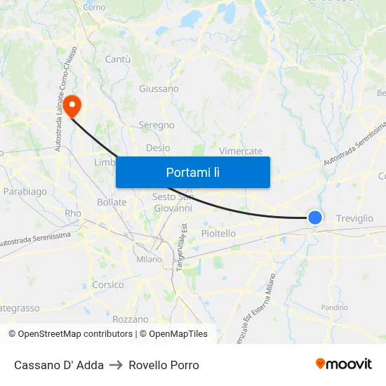 Cassano D' Adda to Rovello Porro map