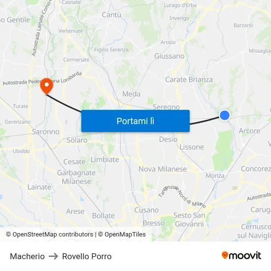 Macherio to Rovello Porro map