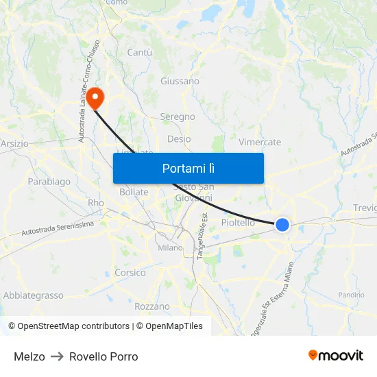 Melzo to Rovello Porro map