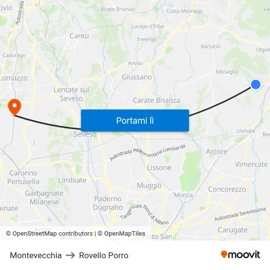 Montevecchia to Rovello Porro map