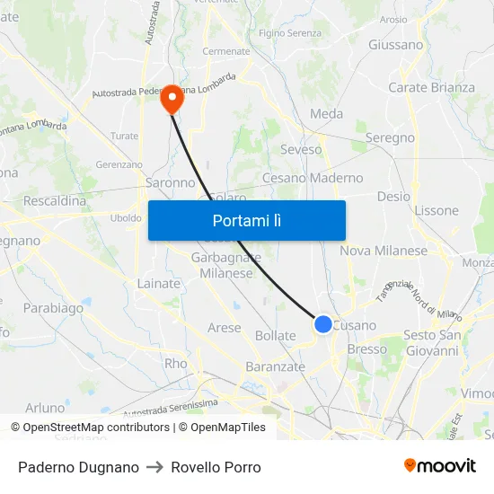 Paderno Dugnano to Rovello Porro map