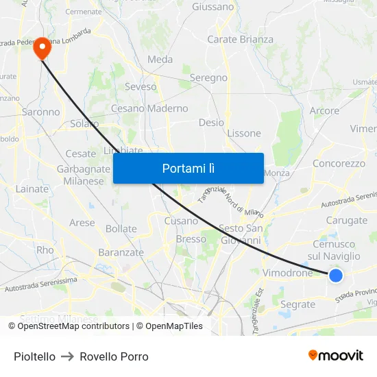 Pioltello to Rovello Porro map