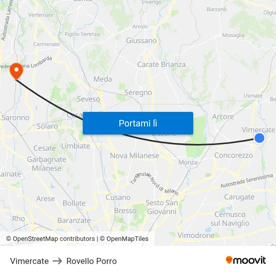 Vimercate to Rovello Porro map