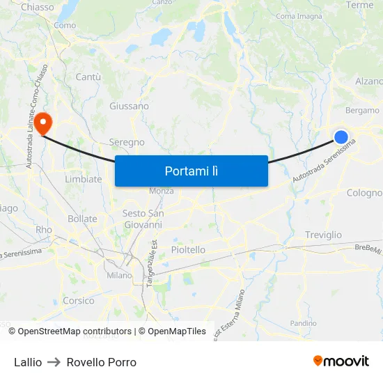 Lallio to Rovello Porro map