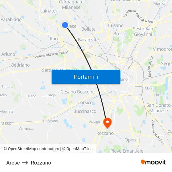 Arese to Rozzano map
