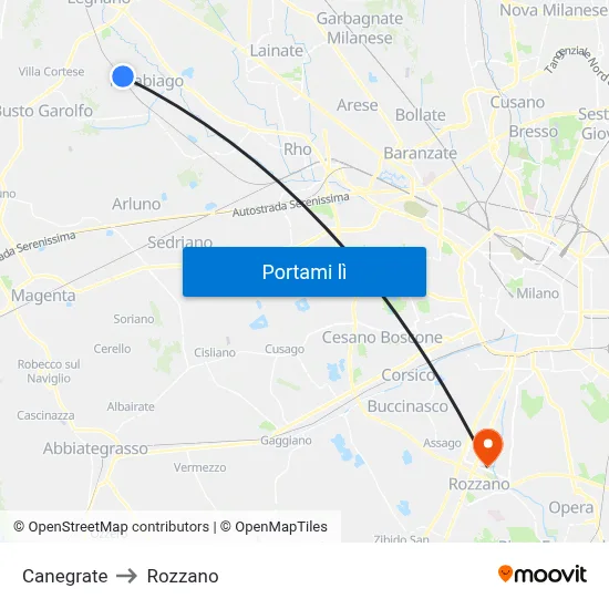 Canegrate to Rozzano map