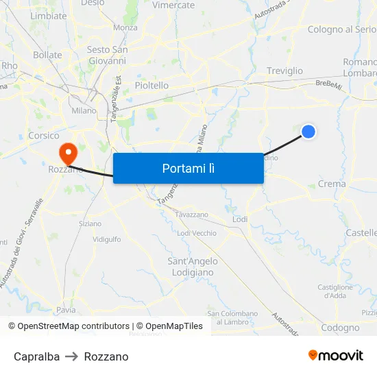 Capralba to Rozzano map