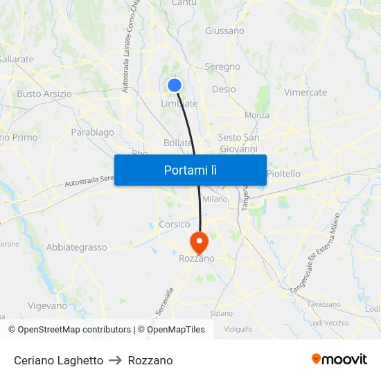 Ceriano Laghetto to Rozzano map