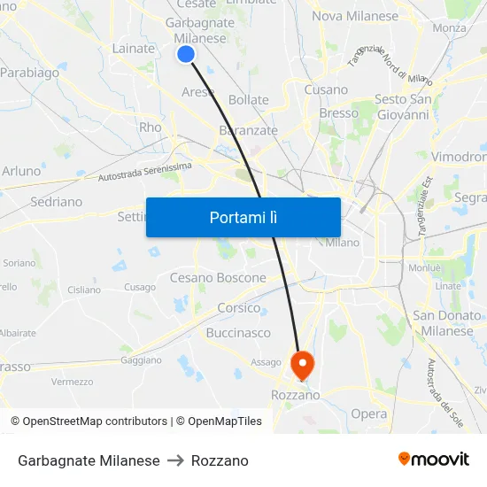 Garbagnate Milanese to Rozzano map