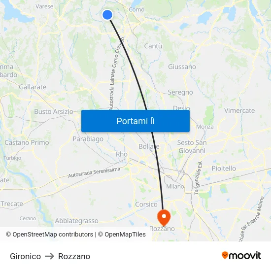 Gironico to Rozzano map