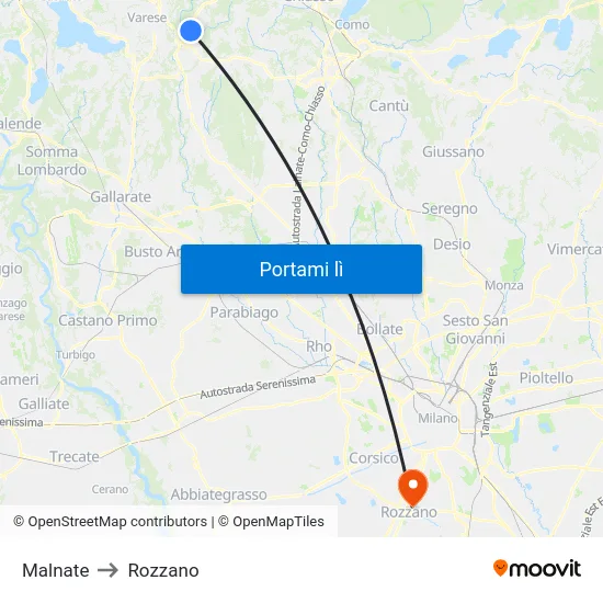 Malnate to Rozzano map