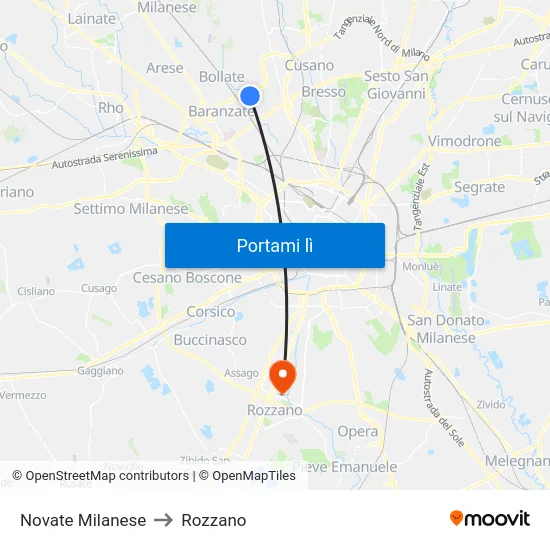 Novate Milanese to Rozzano map