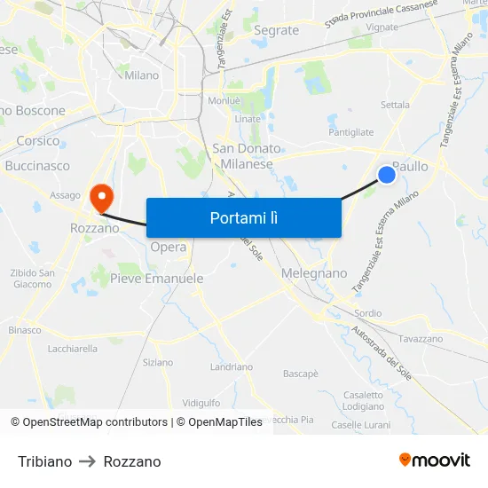 Tribiano to Rozzano map