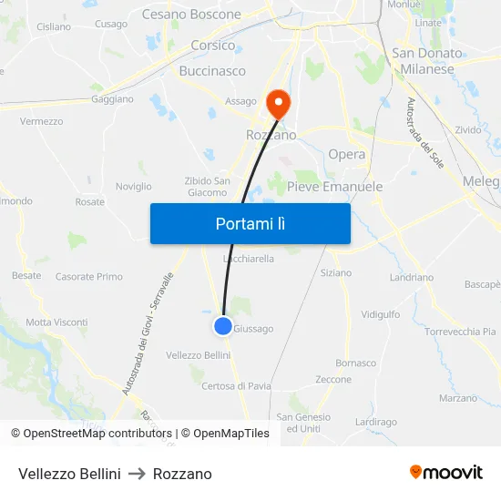 Vellezzo Bellini to Rozzano map