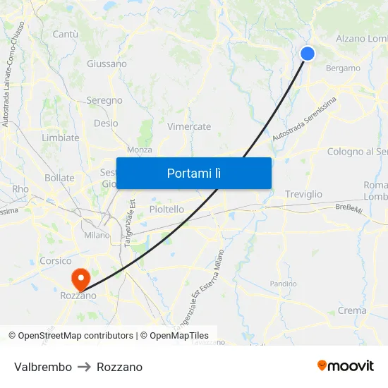 Valbrembo to Rozzano map