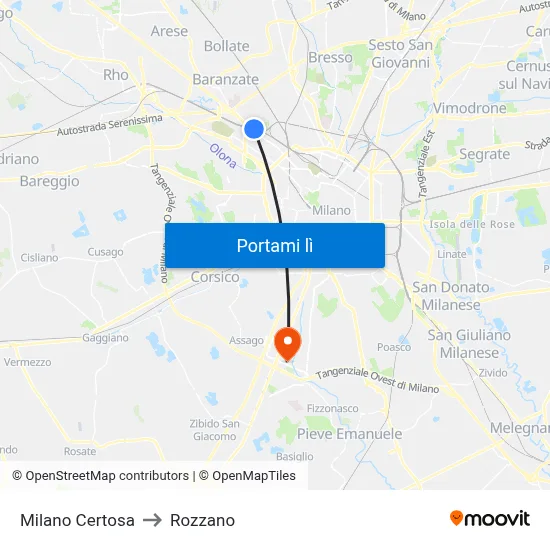Milano Certosa to Rozzano map