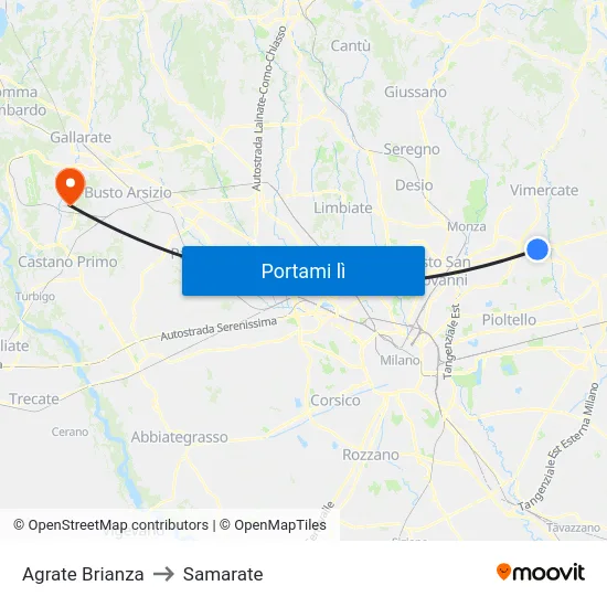 Agrate Brianza to Samarate map