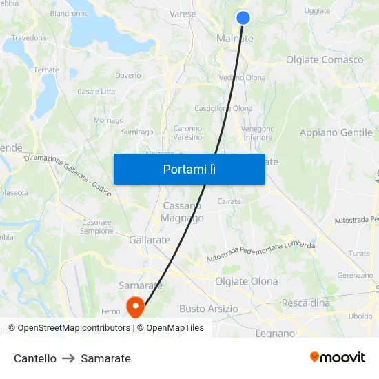 Cantello to Samarate map