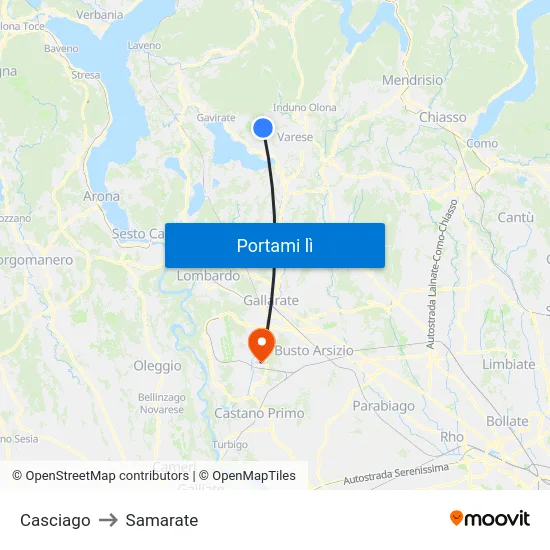Casciago to Samarate map