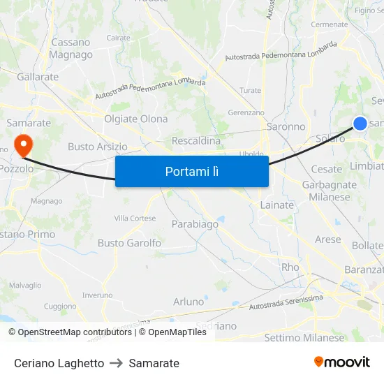 Ceriano Laghetto to Samarate map