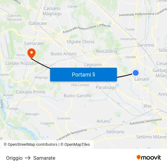 Origgio to Samarate map