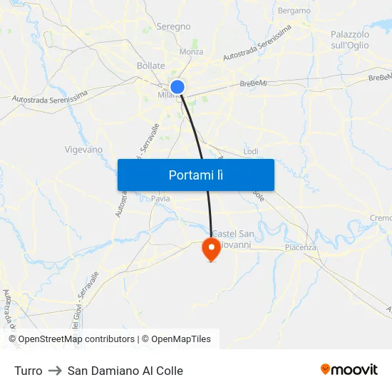 Turro to San Damiano Al Colle map