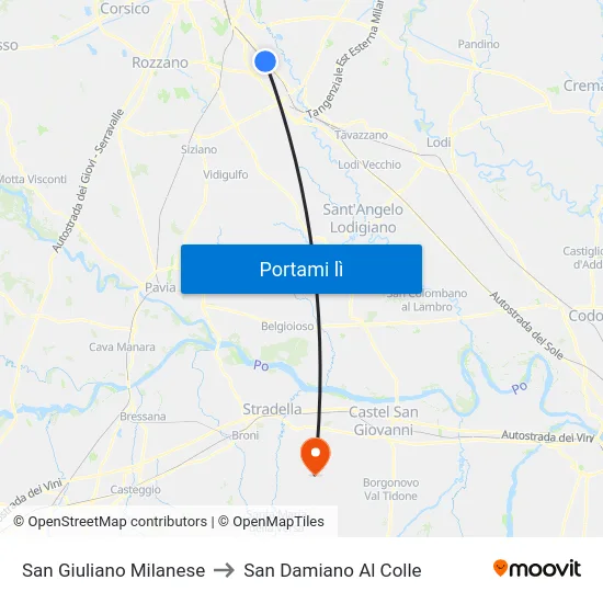 San Giuliano Milanese to San Damiano Al Colle map