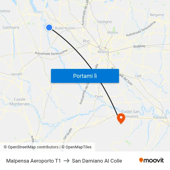 Malpensa Aeroporto T1 to San Damiano Al Colle map