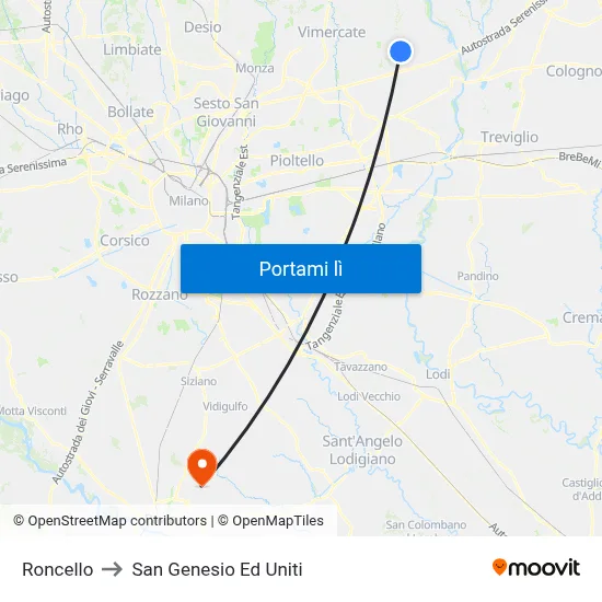 Roncello to San Genesio Ed Uniti map
