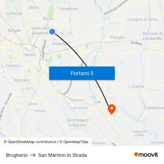 Brugherio to San Martino In Strada map