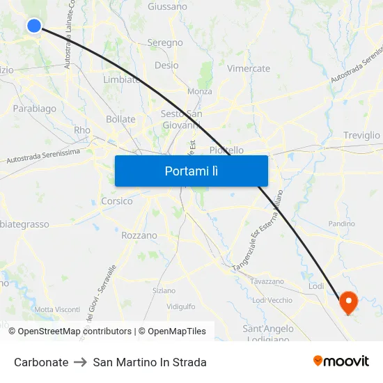 Carbonate to San Martino In Strada map