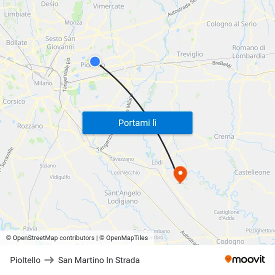 Pioltello to San Martino In Strada map
